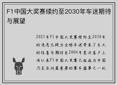 F1中国大奖赛续约至2030年车迷期待与展望