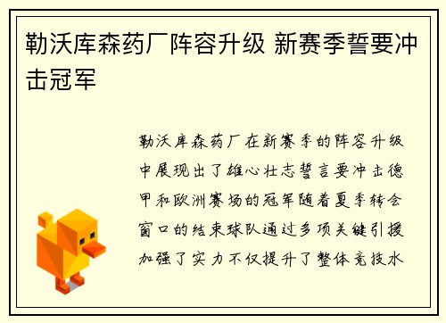 勒沃库森药厂阵容升级 新赛季誓要冲击冠军